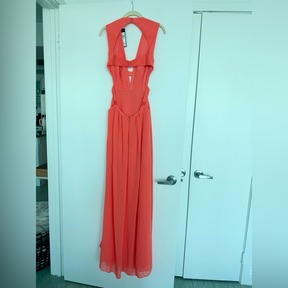 NWT BCBG MaxAzria Neon Orange Pink Deep V Backless Maxi Dress - Picture 2 of 3